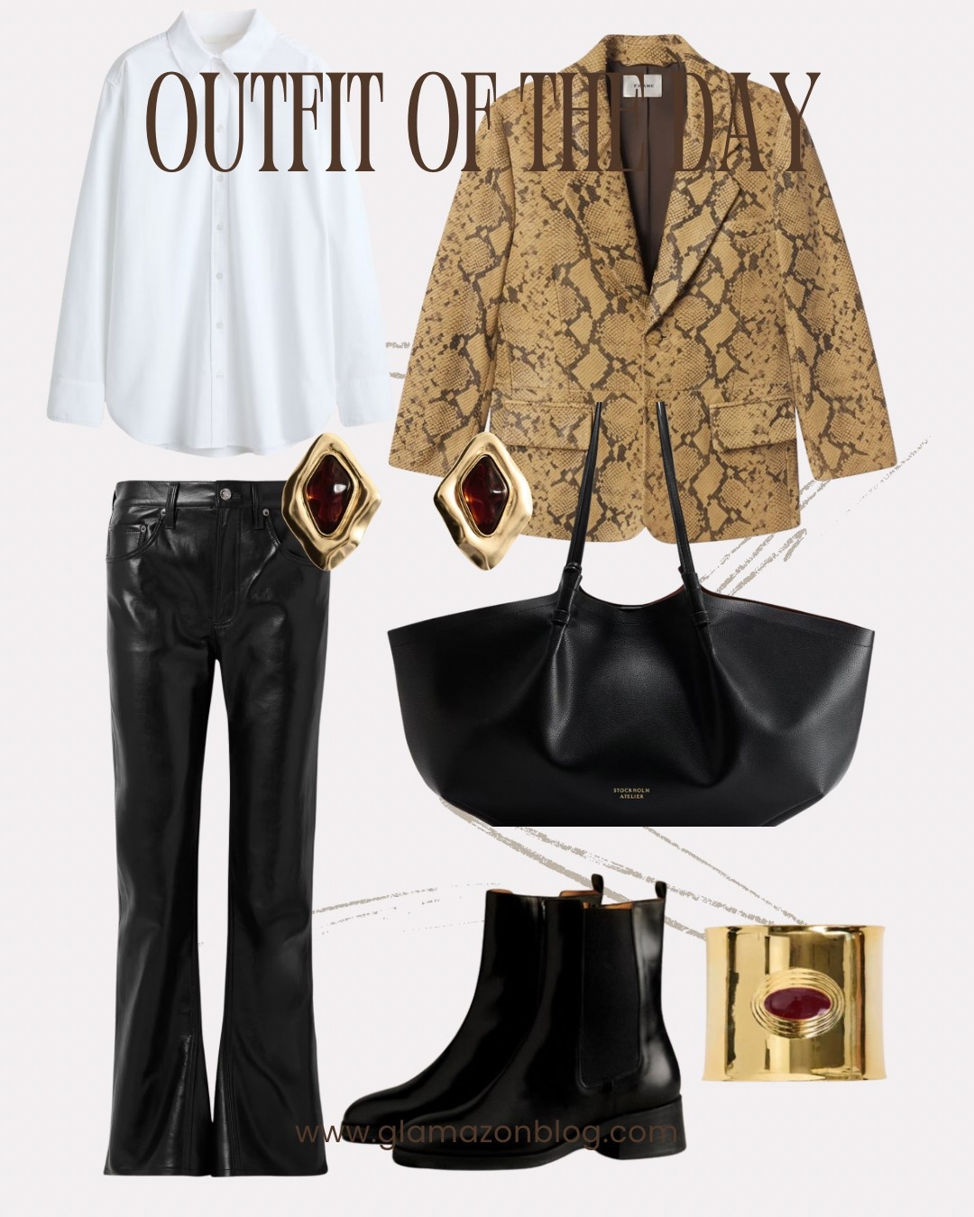 Agolde trousers, leather trousers, snake print blazer, large bag, Hm bag. Heaven mayhem cuff, gold cuff 

#LTKeurope #LTKfestive #LTKautumn