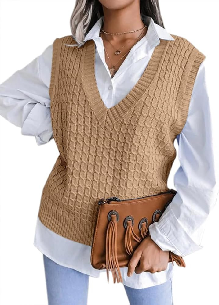 Odsufo Women's V Neck Cable Knit Sweater Vest Loose Casual Sleeveless Pullover Tops | Amazon (US)