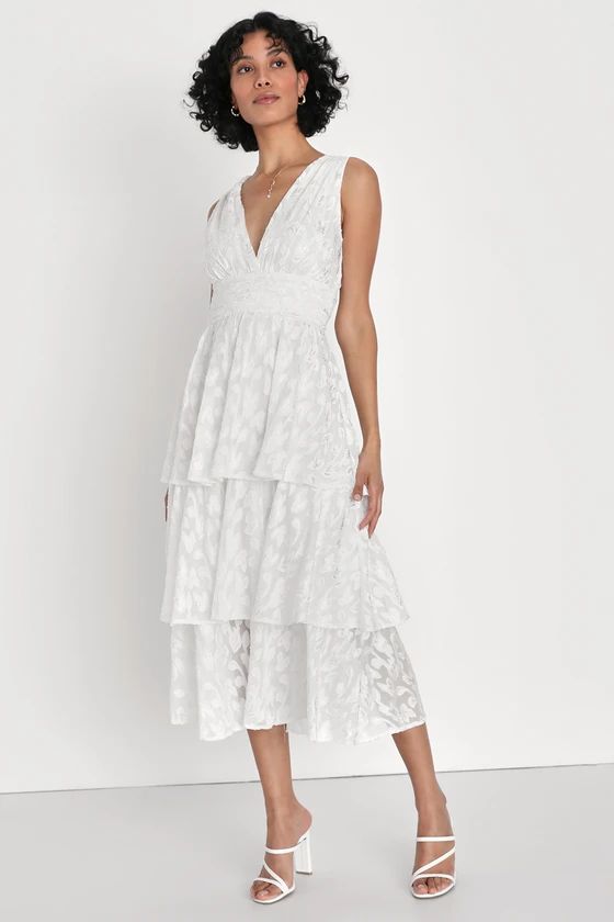 Make It Mesmerizing White Jacquard Tiered Midi Dress | Lulus