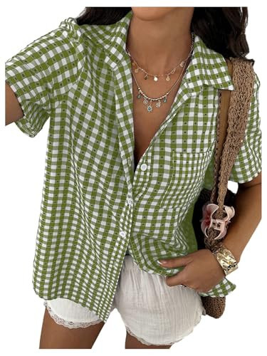 SweatyRocks Women's Short Sleeve Gingham Plaid Button Down Lapel Collar Blouse Summer Shirts Green and White X-Large | Amazon (US)