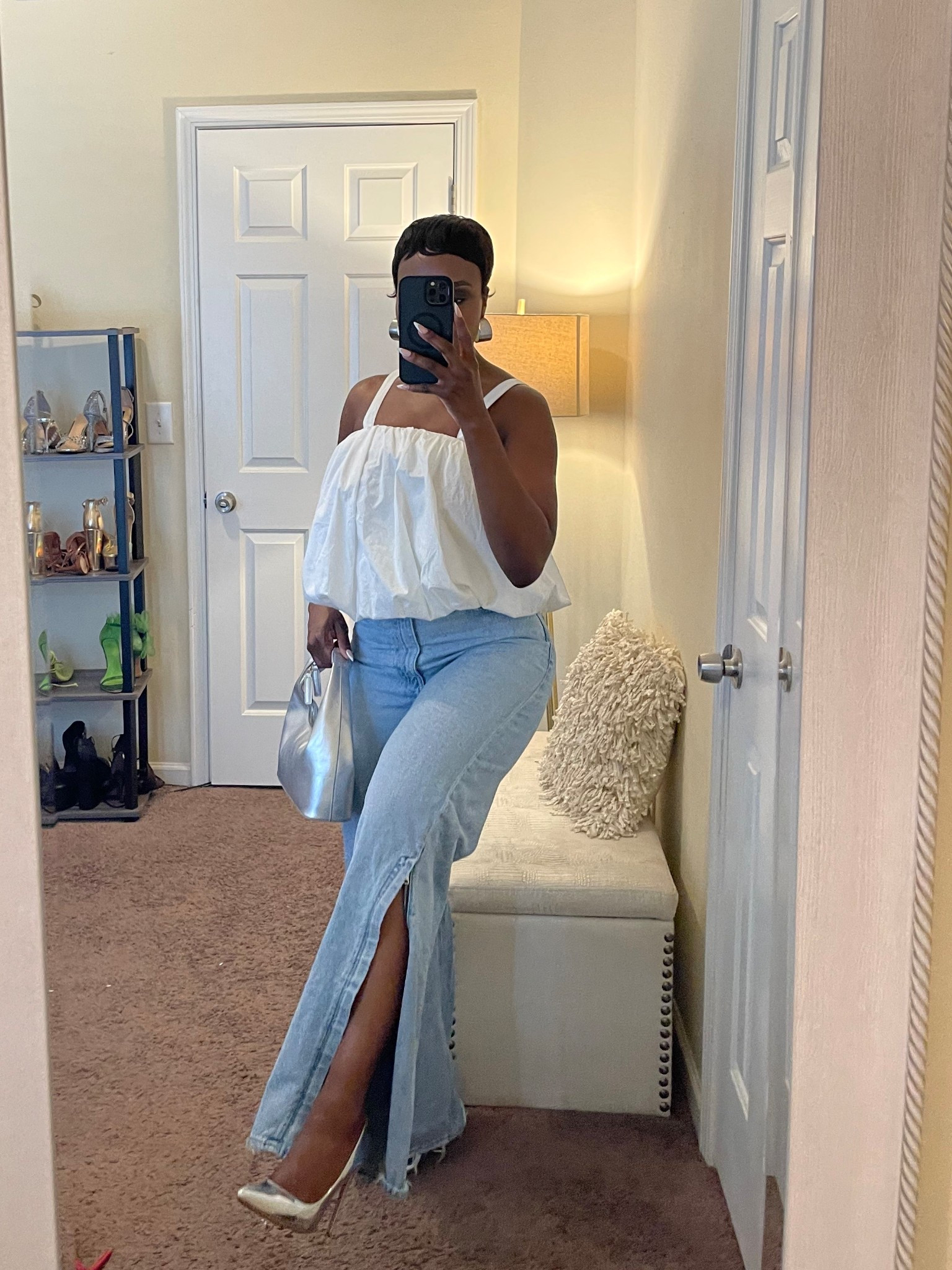 Bubble poplin top, Hudson jeans, wide leg denim, summer fashion, silver purse, metallic silver pump 

#LTKSummerEdit #LTKStyleTip