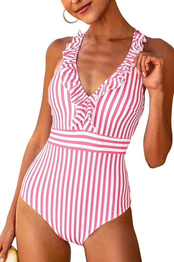 CUPSHE Women's V Neck One Piece Swimsuit Ruffled Back Cross Swimwear | Amazon (US)