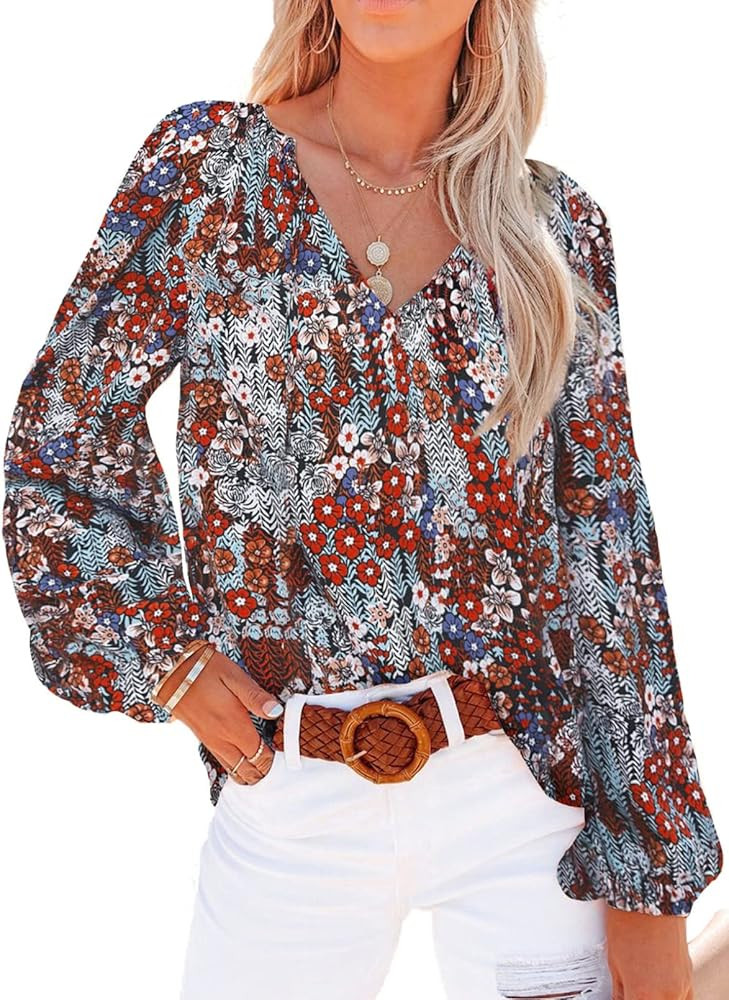 SHEWIN Womens Casual Boho Floral Print V Neck Long Sleeve Loose Blouses Shirts Tops | Amazon (US)