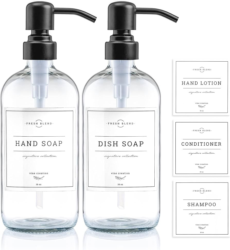 Vine Creations Clear Glass Soap Dispenser, 2 Pack Kitchen Soap Dispenser Set with Stainless Steel... | Amazon (US)