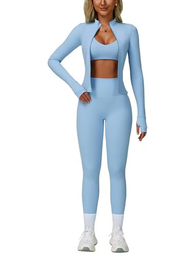 ABOCIW 3 Piece Workout Sets for Women Zipper Long Sleeve Jacket with Thumb Holes V Neck Racerback Sports Bra High Waist Leggings Gym Sets Yoga Pilates Outfits Light Bule Medium | Amazon (US)
