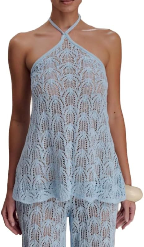 Mandonce 2 Piece Outfits Women Casual Trendy Set Fitted Halter Neck Tank See Through Lace Crochet... | Amazon (US)