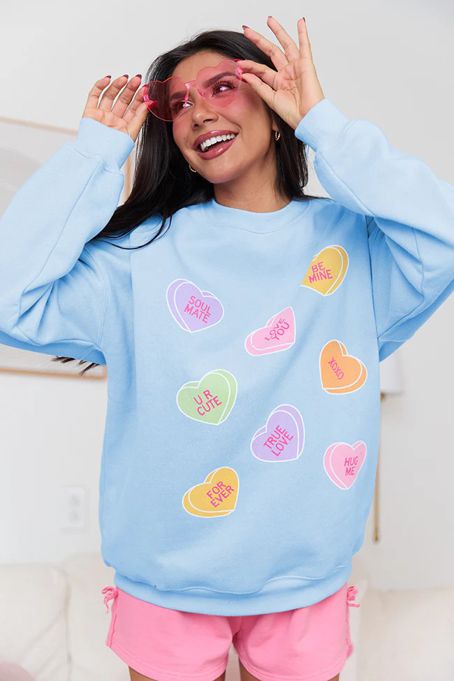 Candy Hearts Light Blue Graphic Sweatshirt SALE | Pink Lily