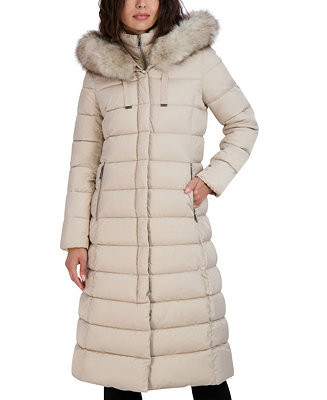 Womens Maxi Shine Bibbed Faux-Fur-Trimmed Hooded Puffer Coat | Macy's