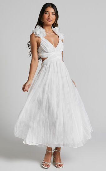 Marielly Maxi Dress - Side Cut Out V Neck Ruffle Detail Sleeve Dress in White | Showpo (US, UK & Europe)