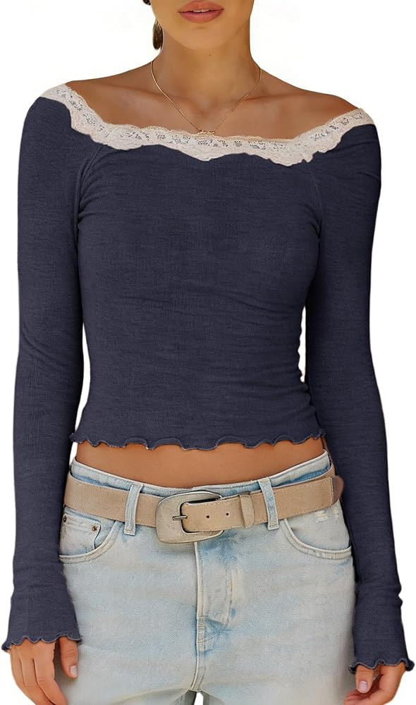 Womens Lace Trim Y2k Shirts Long Sleeve Square Neck Lettuce Edged Ribbed Knit Tops Trendy Spring ... | Amazon (US)
