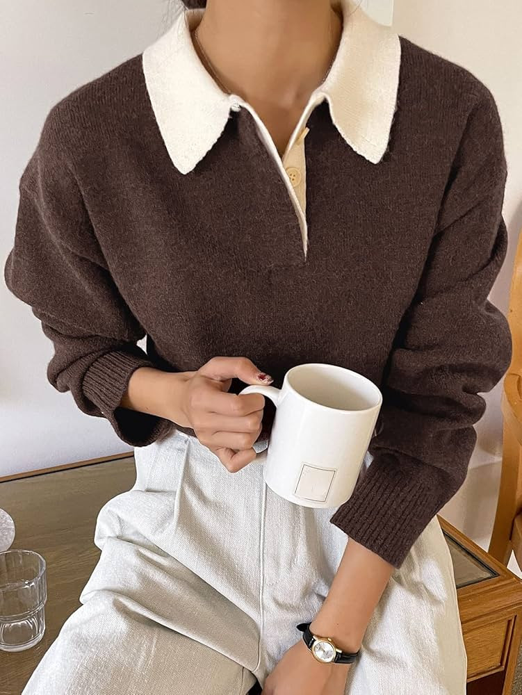 Neeno Contrast Collar Drop Shoulder Sweater (Color : Chocolate Brown, Size : Small) | Amazon (US)
