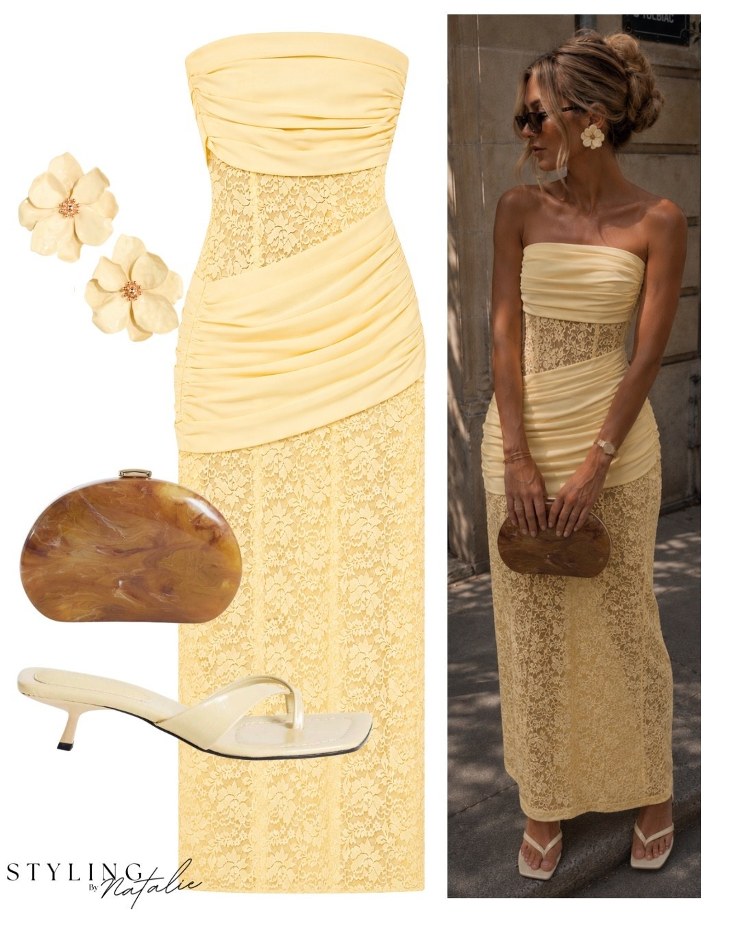 Abroad wedding guest dress inspo 💛
Lemon Lace And Satin Bandeau Maxi Dress With Wrap-Details, tan acrylic clutch, thong kitten heel sandals and flower earrings.
🏷️ summer dress, lace, occasion wear, party dress, summer evening.

#LTKsummer #LTKuk #LTKwedding