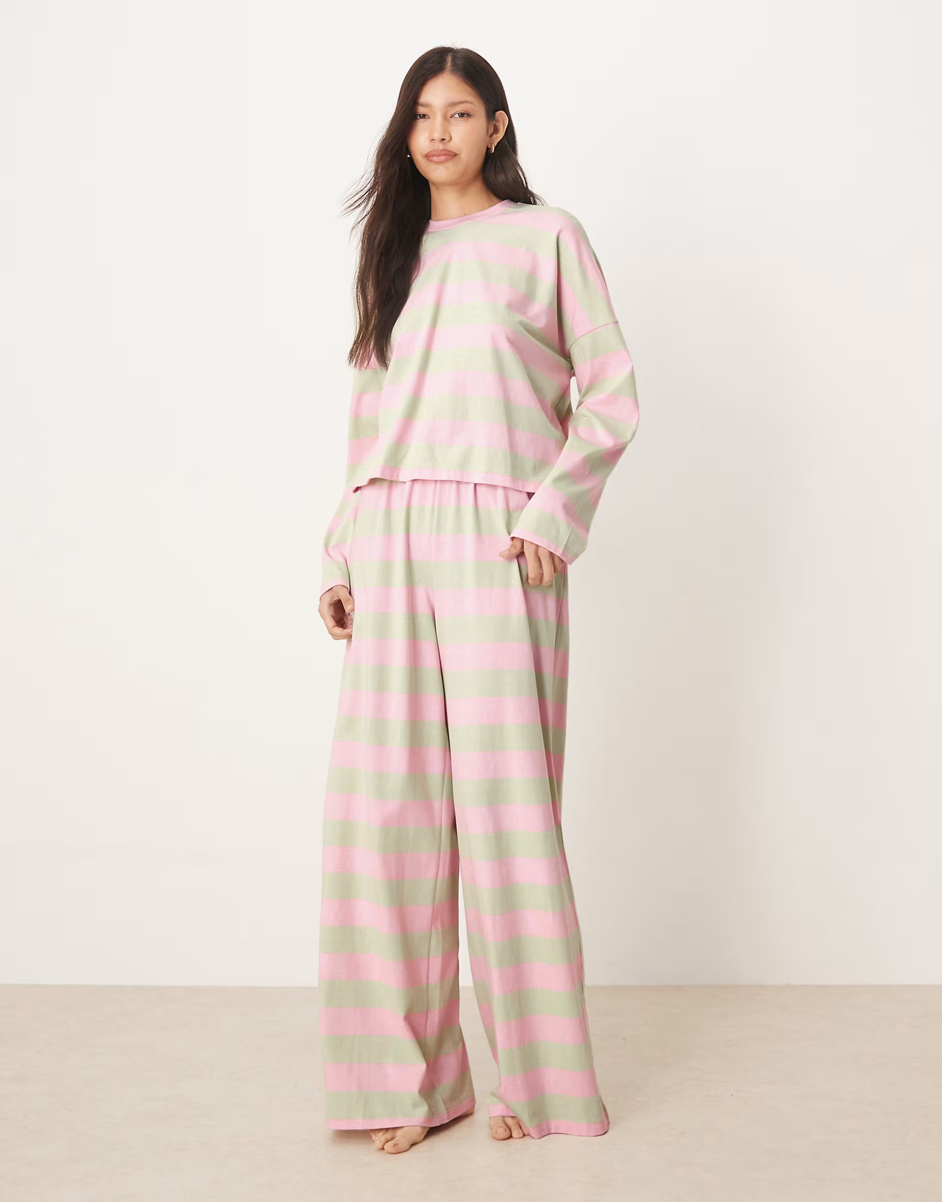 ASOS DESIGN long sleeve T-shirt & wide leg pants pajama set in pink & mint stripe | ASOS | ASOS (Global)