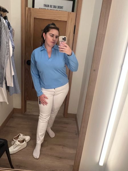 Jcrew factory try on 

Midsize outfit inspiration 

Work outfit, business casual outfit, white pants, white jeans, blue top, fall transition, easy outfit, casual outfit, long sleeve polo, classic style, classic outfit, classic wardrobe 

#LTKstyletip #LTKmidsize #LTKsalealert