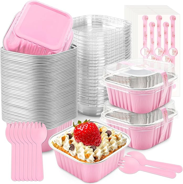 50 Pcs Mini Cake Pans with Lids and Spoons Aluminum Foil Mini Square Baking Cups with Lids Dispos... | Amazon (US)