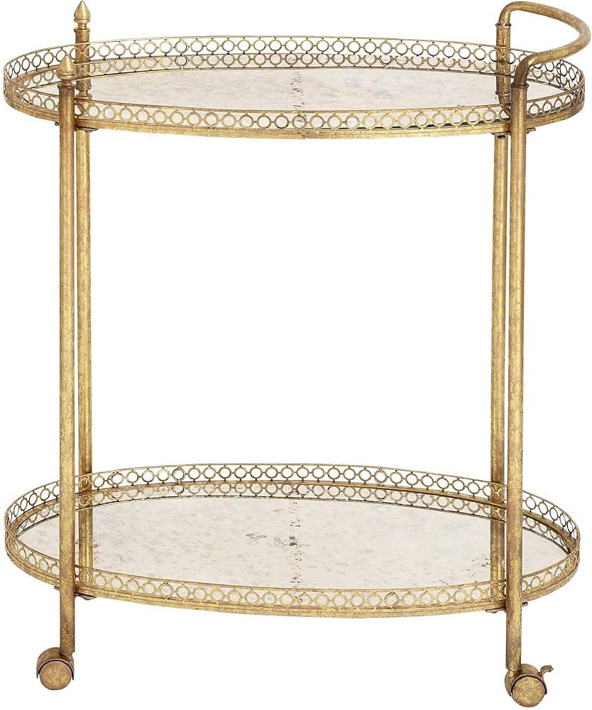 Deco 79 Metal Rolling Oval 2 Mirrored Shelf Bar Cart with Vintage Inspired Details, 30" x 16" x 3... | Amazon (US)