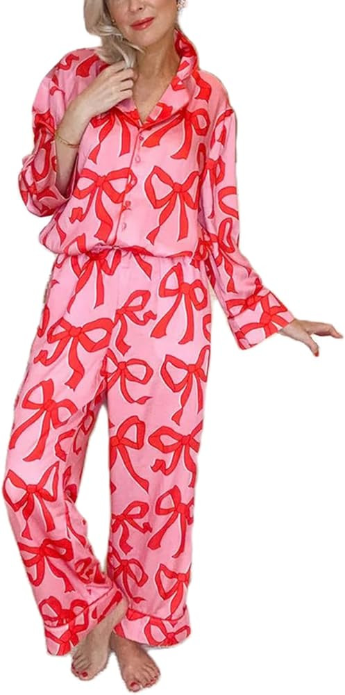 MAINESAKA Women Satin Pajamas Set Striped Silk Pjs Long Sleeve Button Down Shirt Long Pants Loose... | Amazon (US)