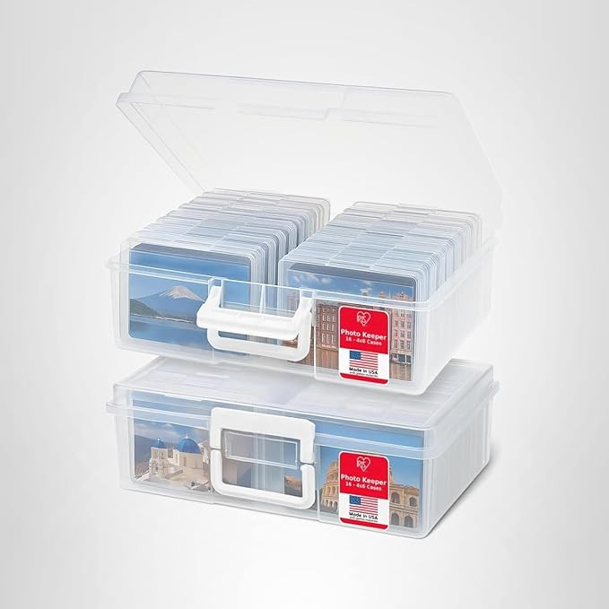 IRIS USA 4" x 6" Photo Storage Box Craft Keeper, 2-Pack, Transparent Handle Container with 16 Org... | Amazon (US)