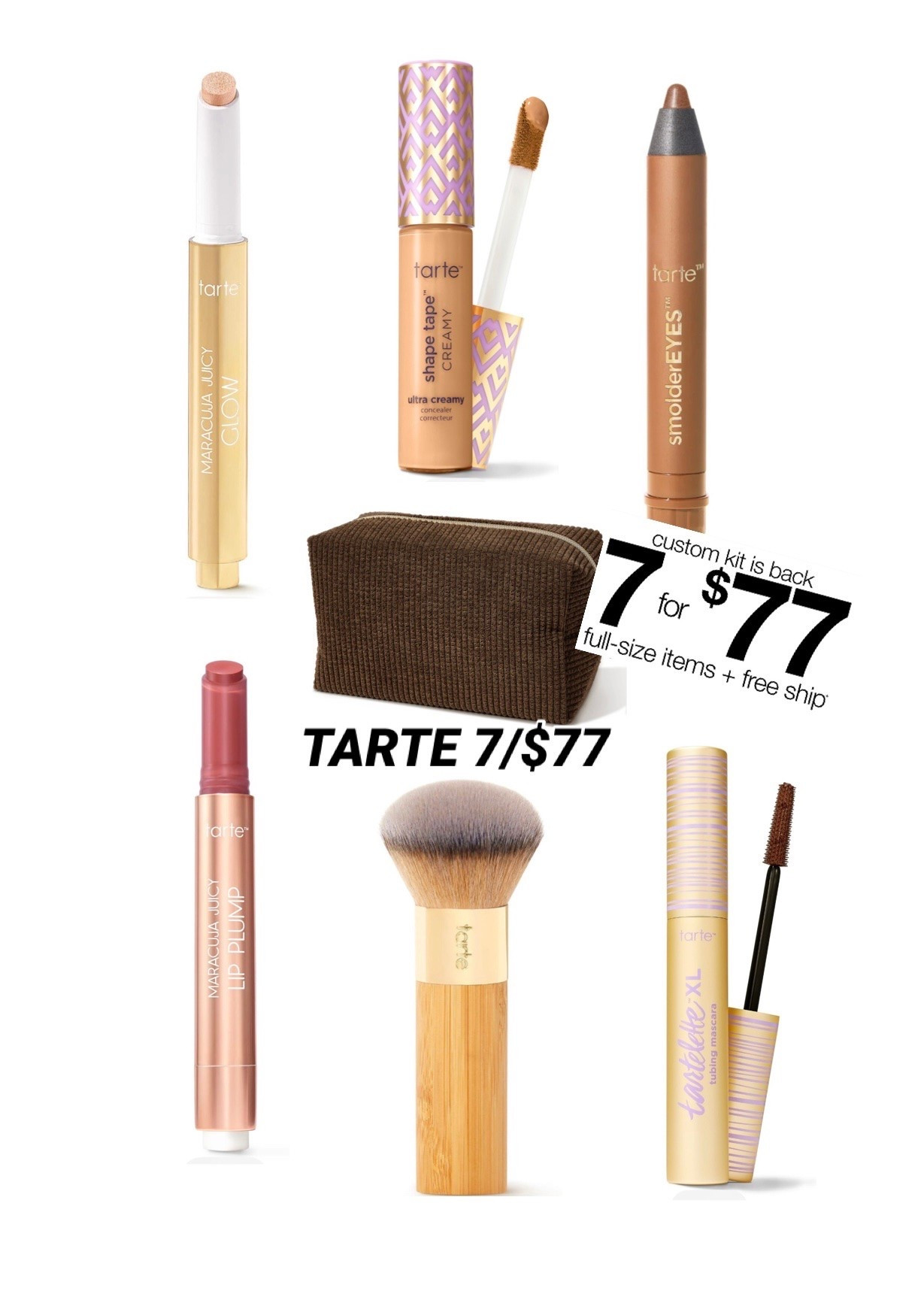 Tarte:

I’ve never tried Tarte makeup but I’ve heard amazing things! I’m taking advantage of the 7/$77 sale and trying a bunch of their stuff. 7 items for $77 is a great deal. 

Here is everything I purchased, along with color/shade:

1 x vintage vibe makeup bag in brown brown
1 x the buffer™ brush multi
1 x maracuja juicy lip plump mixed berries
1 x shape tape ™ creamy concealer 42S tan sand
1 x smolderEYES™ shadow liner desire
1 x maracuja juicy glow highlight golden glow
1 x tartelette ™ XL tubing mascara black

#LTKBeauty #LTKSaleAlert #LTKgrwm