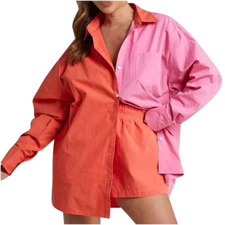 HTNBO Womens Shorts Sets Spring Summer Two Piece Color Block Single Breasted Long Sleeved Lapel Shir | Walmart (US)