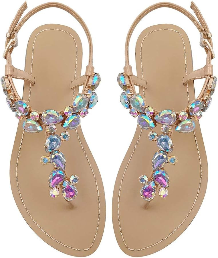 AIJIVOU Women's Rhinestone Flat Sandals, Women Flip Flops with Clip Toe RingBeadeed Rhinestone Cr... | Amazon (US)