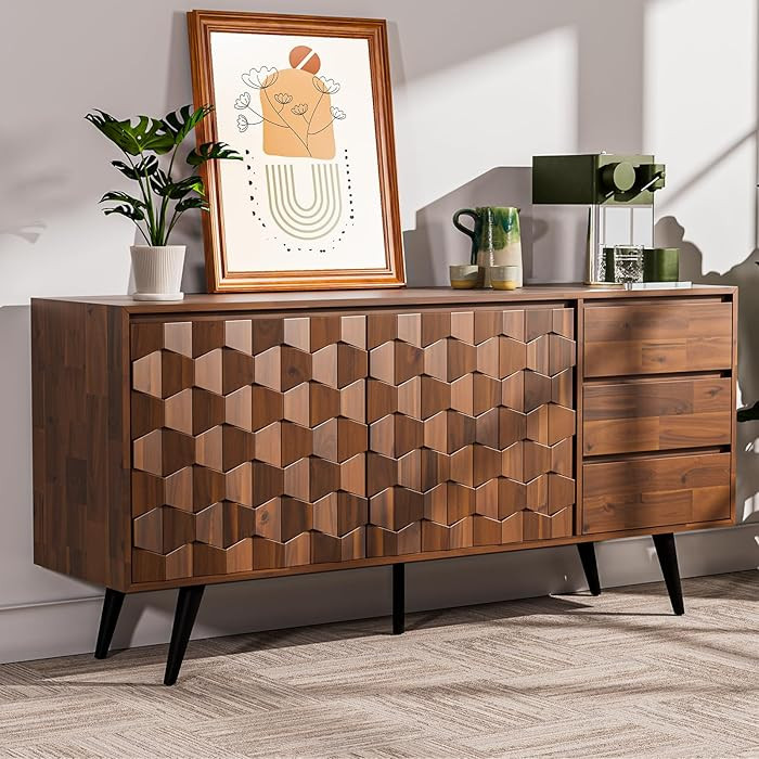 Bme Sideboard Georgina Solid Wood 2 Doors & 3 Drawers, 61'' Mid Century Modern Cabinet with Geome... | Amazon (US)