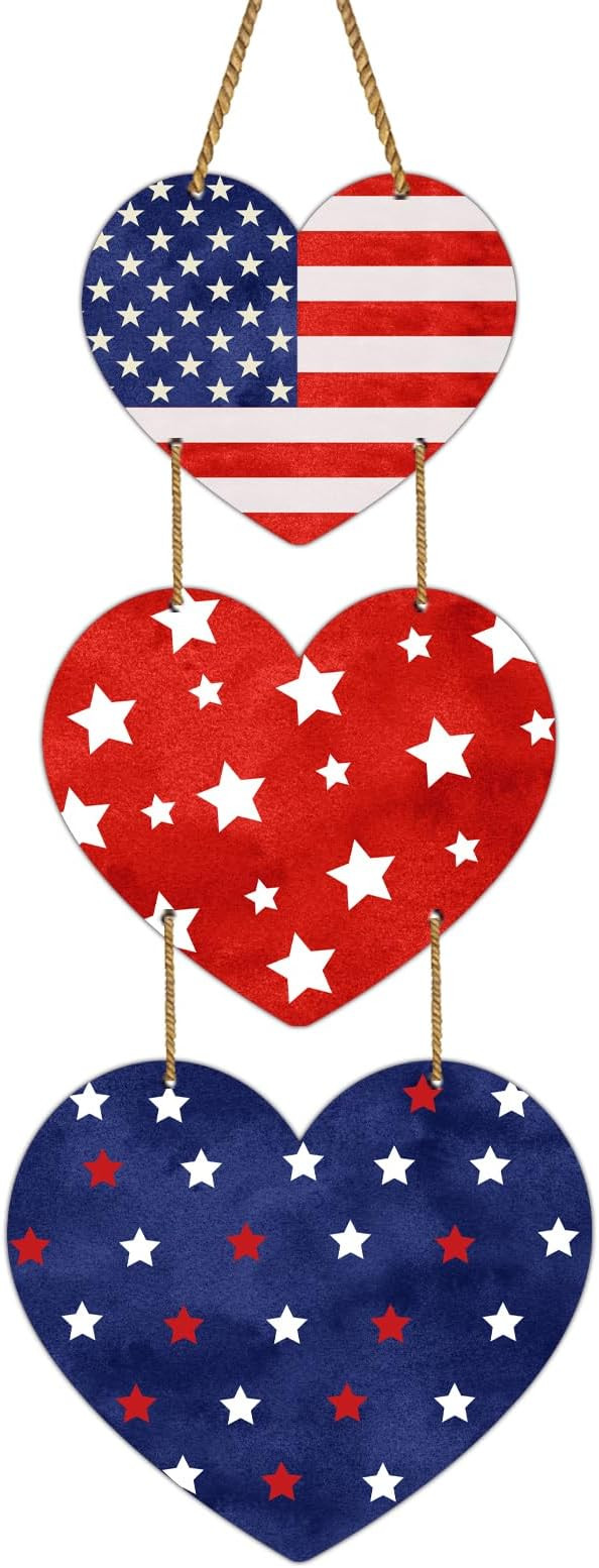 4th of July Decorations Patriotic Decorations Heart Patriotic Wreath Hanging Sign Wooden 4th of J... | Amazon (US)