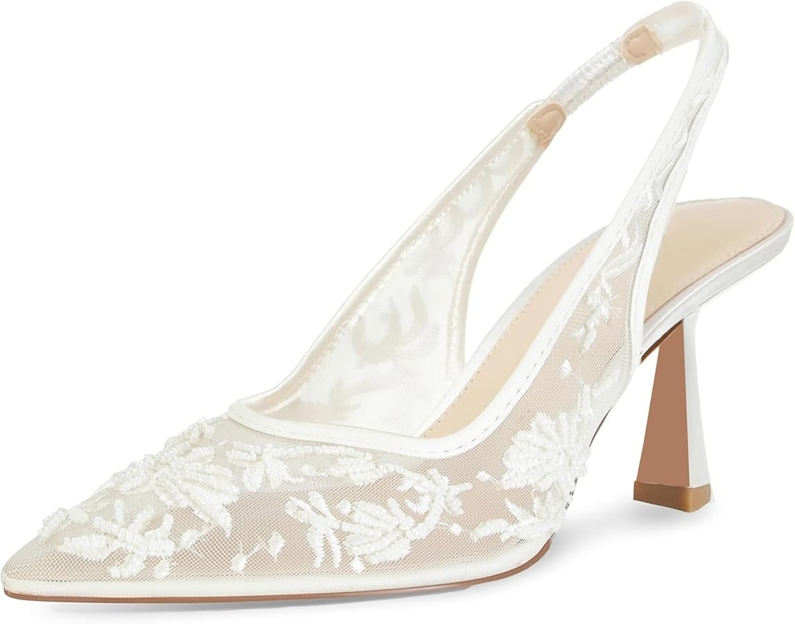 ZJGZF Lace Mesh Slingback Heels for Women Embroidered Kitten Heels Bridal Shoes Pointed Toe Weddi... | Amazon (US)