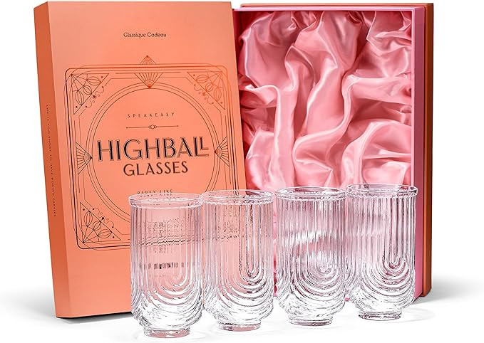 Vintage Art Deco Highball Gatsby Cocktail Glasses | Set of 4 | 16 oz Double HiBall Glassware for ... | Amazon (US)