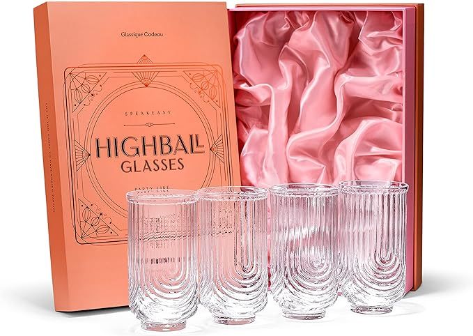 Vintage Art Deco Highball Gatsby Cocktail Glasses | Set of 4 | 16 oz Double HiBall Glassware for ... | Amazon (US)