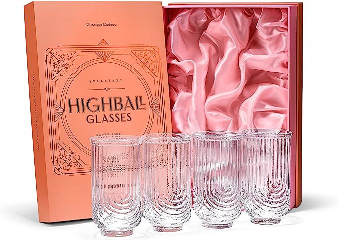 Vintage Art Deco Highball Gatsby Cocktail Glasses | Set of 4 | 14 oz Double HiBall Glassware for ... | Amazon (US)