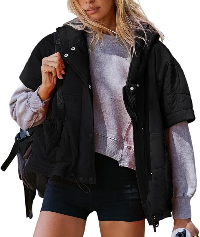 Quilted Puffer Vest Women Oversized Sleeveless Zip Up Hooded Poncho Padded Jacket Fall Winter War... | Amazon (US)