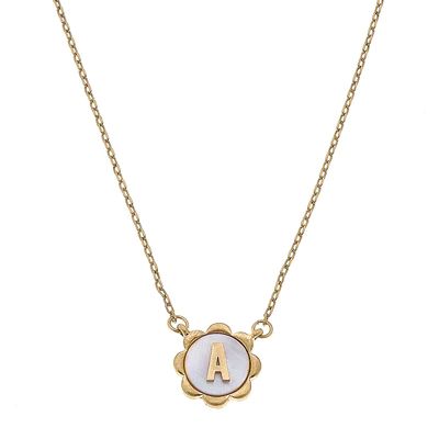 Juliette Mother of Pearl Scalloped Initial Necklace in Worn Gold | CANVAS
