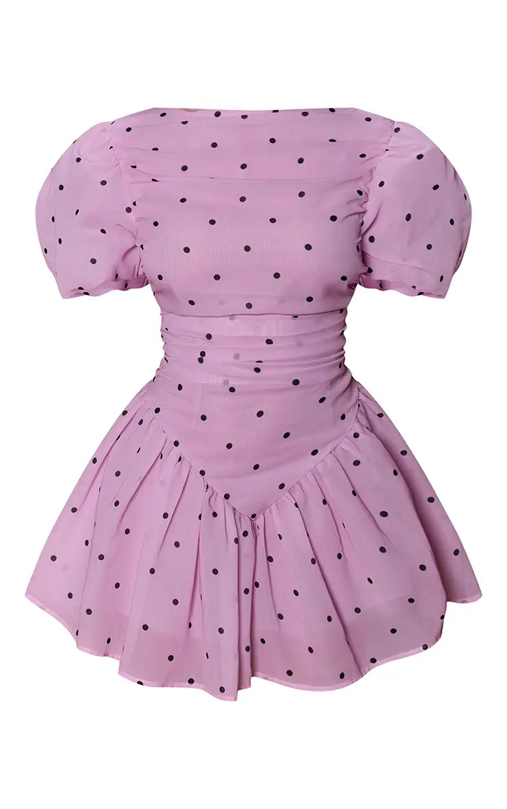 Lilac Chiffon Polka Dot Puff Sleeve Mini Dress | PrettyLittleThing USA | PrettyLittleThing US