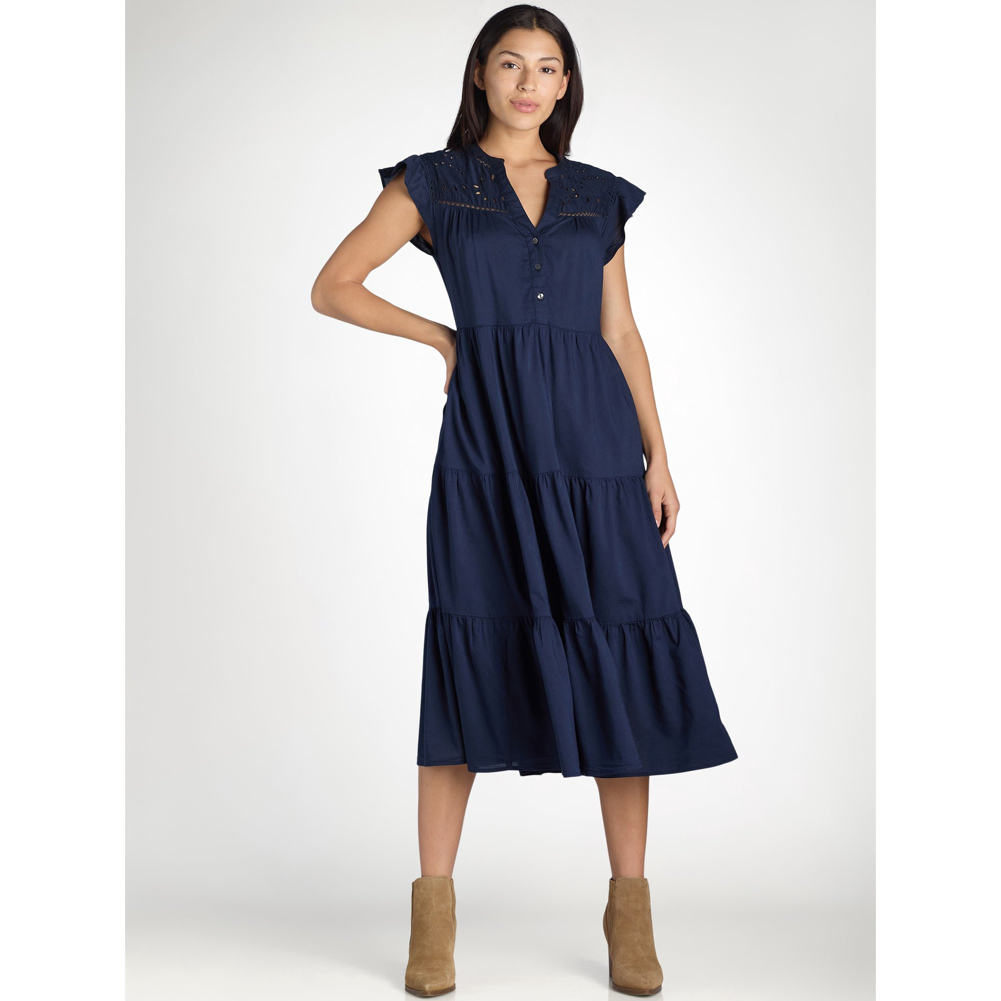 Time and Tru Women's Eyelet Yoke Midi Dress, Sizes XS-XXXL - Walmart.com | Walmart (US)