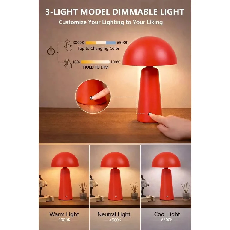 Better Homes & Gardens 9.5" Red Dome Rechargeable LED Portable Lamp with Dimmable Touch Sensor | Walmart (US)