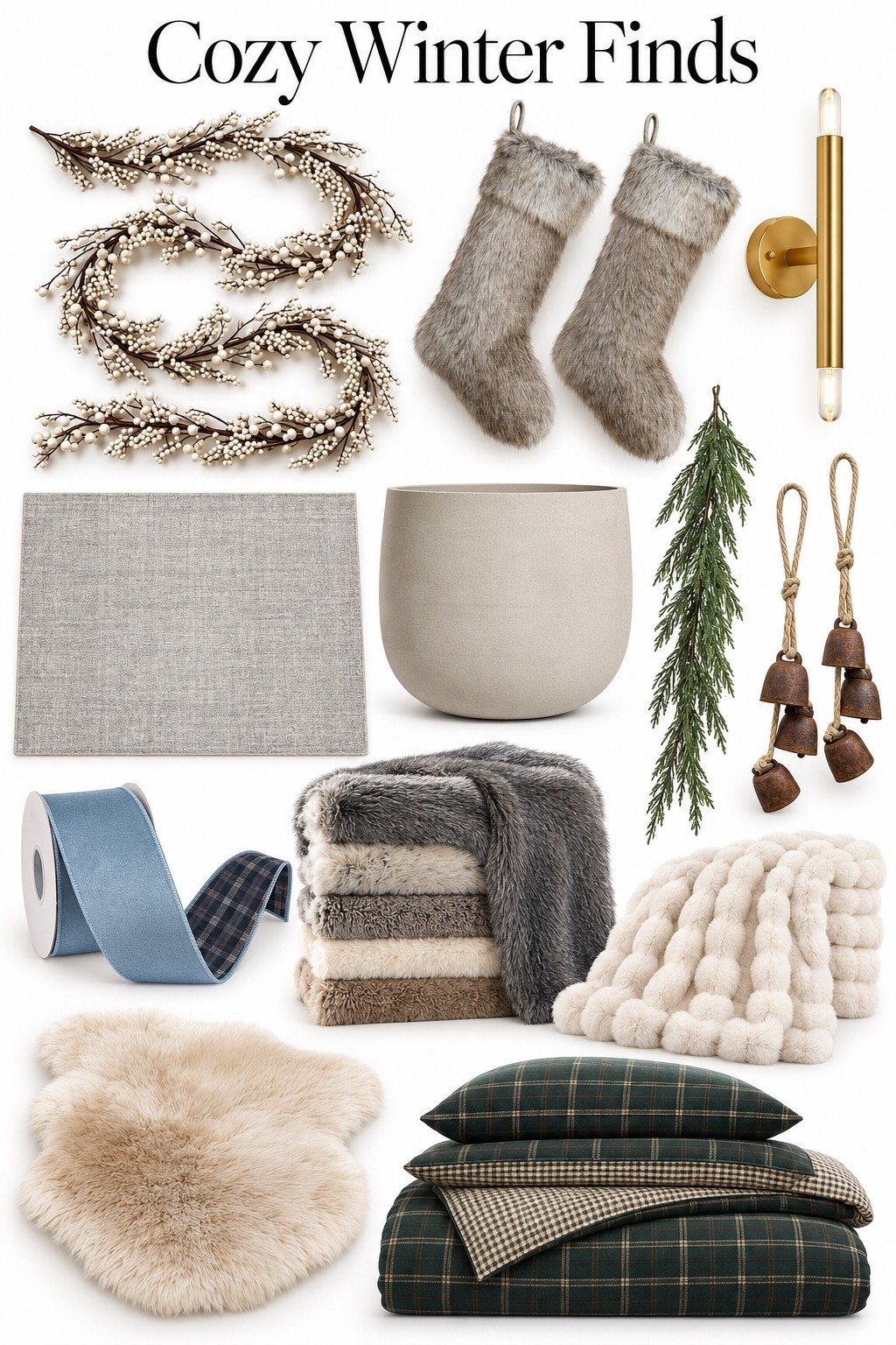 Cozy Winter Finds | Timeless Holiday Decor

Faux fur throws, green plaid bedding, cedar greenery, rustic bells, and cozy stockings—pieces I’m loving for a warm, collected winter home. Mix soft neutrals with brass accents and a touch of blue for a little modern Ralph Lauren charm. Shop the finds below to bring the look home.