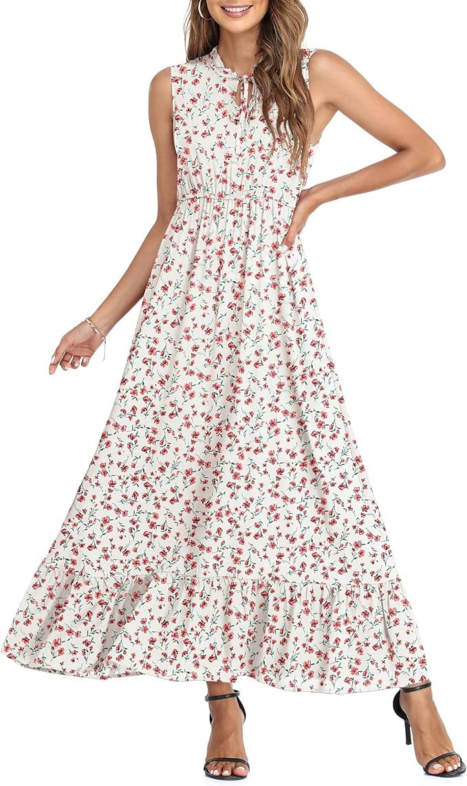 CZYINXIAN Women's Sleeveless Summer Tie Neck High Waist Casual Boho Dress Floral Print Ruffle Hem... | Amazon (US)