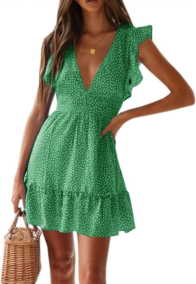 Women Floral Mini Dress Sexy V Neck Ruffle Flutter Sleeve Polka Dot Summer Dresses | Amazon (US)