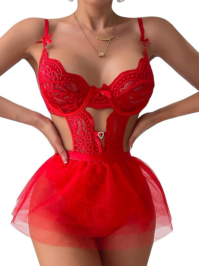 Dlsave Sexy Lingerie for Women,Lace Floral Lingerie Body suit with Removeable Mesh Skirt Push up ... | Amazon (US)