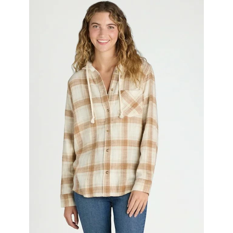 Time and Tru Women's Hooded Flannel Button Down Shirt with Long Sleeves, Sizes XS-XXXL | Walmart (US)