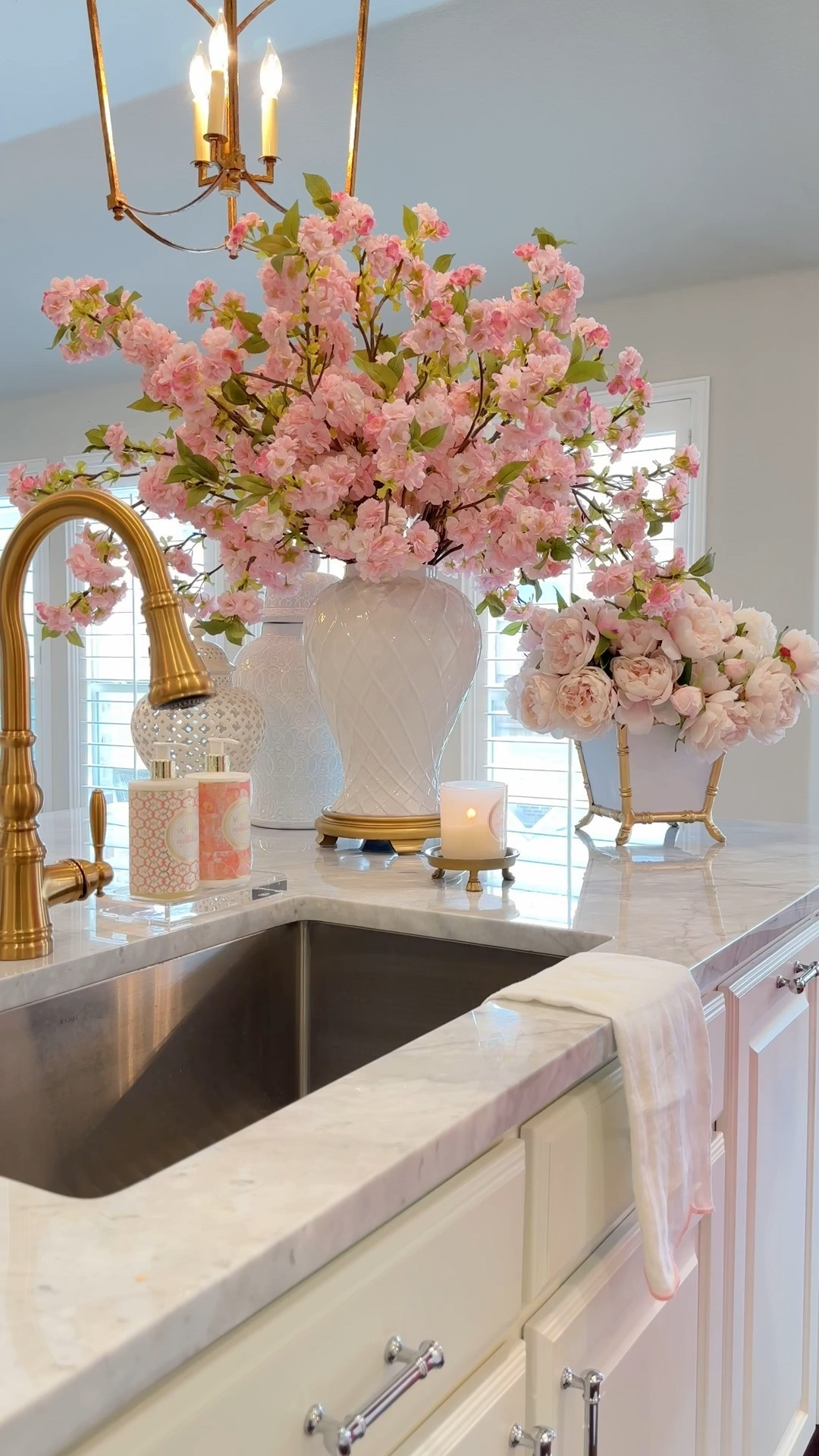 Spring kitchen island styling spring decor cherry blossoms 