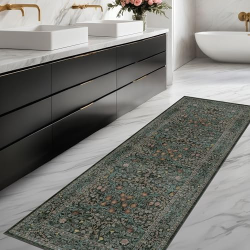 Dark Green 2x5 Runner Rug Non Slip Washable for Bathroom, Kitchen, Floral Boho Low Pile Entryway ... | Amazon (US)
