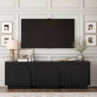Iris Black Oak 31 in. Mid-Century Modern Wooden Accent Cabinet with Adjustable Shelf and Arched Doors, Set of 3 | The Home Depot