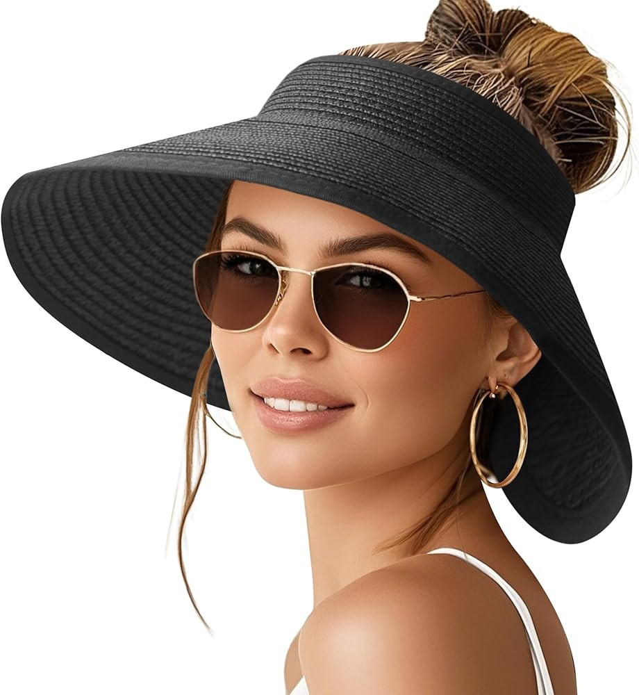 NPQQUAN Sun Visor Hats for Women Wide Brim Ponytail Straw Beach Hat Packable Foldable UPF 50+ Flo... | Amazon (US)