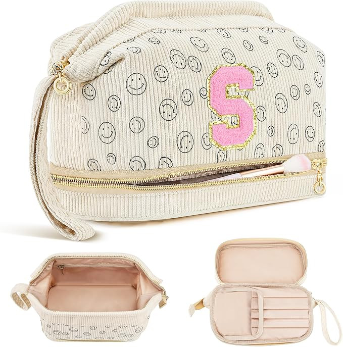 Preppy Travel Makeup Bag Initials Valentines Day Gifts, Personalized Large Double Layer Cosmetic ... | Amazon (US)