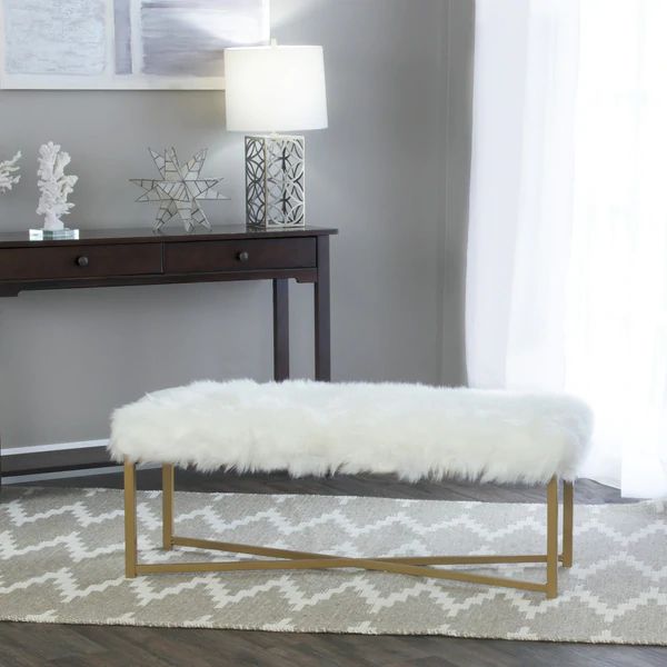 Silver Orchid Kelly Faux Fur White Rectangle Bench | Bed Bath & Beyond