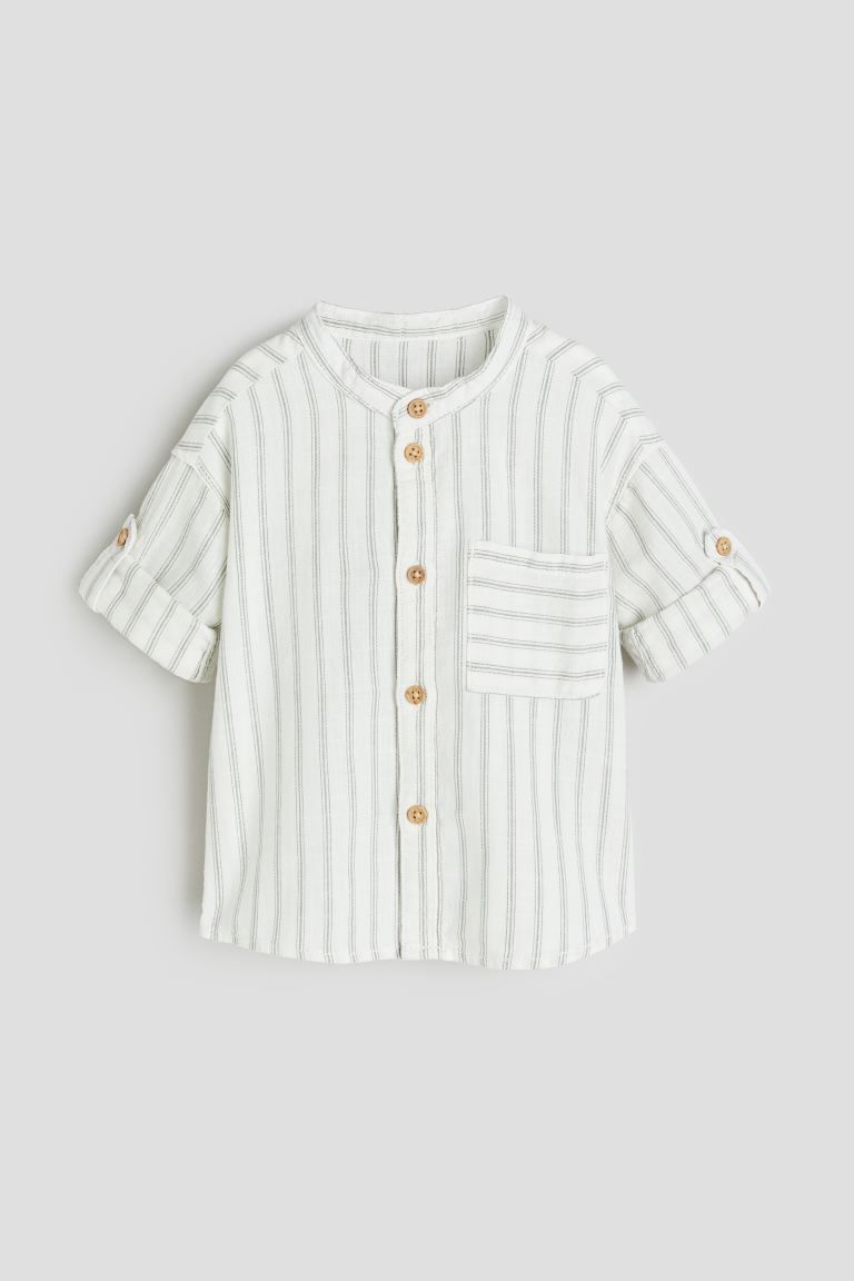 Band-collar Cotton Shirt - 3/4 sleeve - Regular length - White/dusty green - Kids | H&M US | H&M (US + CA)