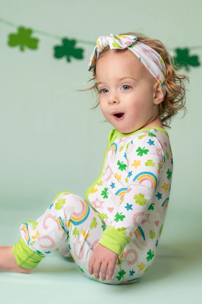 St Patrick's Day One Piece Zip-up Bamboo Romper Pajamas for Babies & Toddlers, Shamrocks, Rainbow... | Etsy (US)