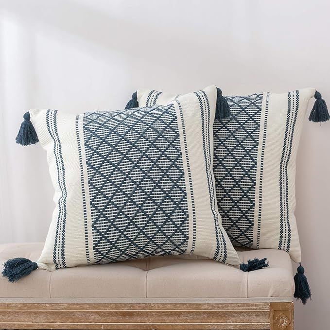 Set of 2 Boho Neutral Decorative Throw Pillow Covers 18x18 Inch, Cotton Woven Diamond Jacquard Pa... | Amazon (US)